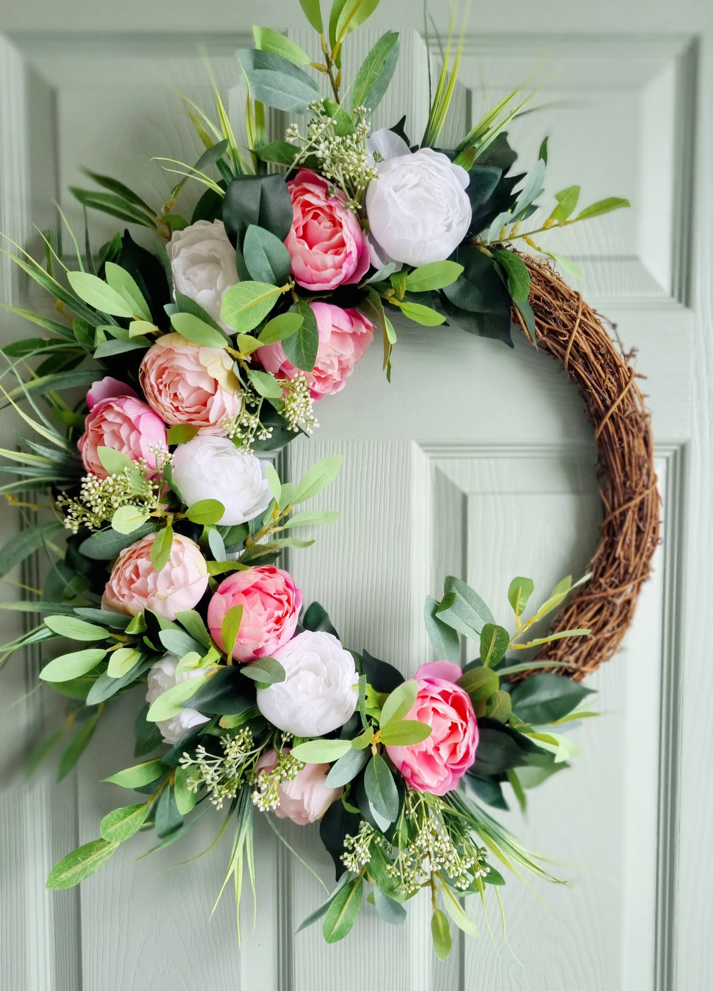 Luxury artificial half white and pink peony front door wreath