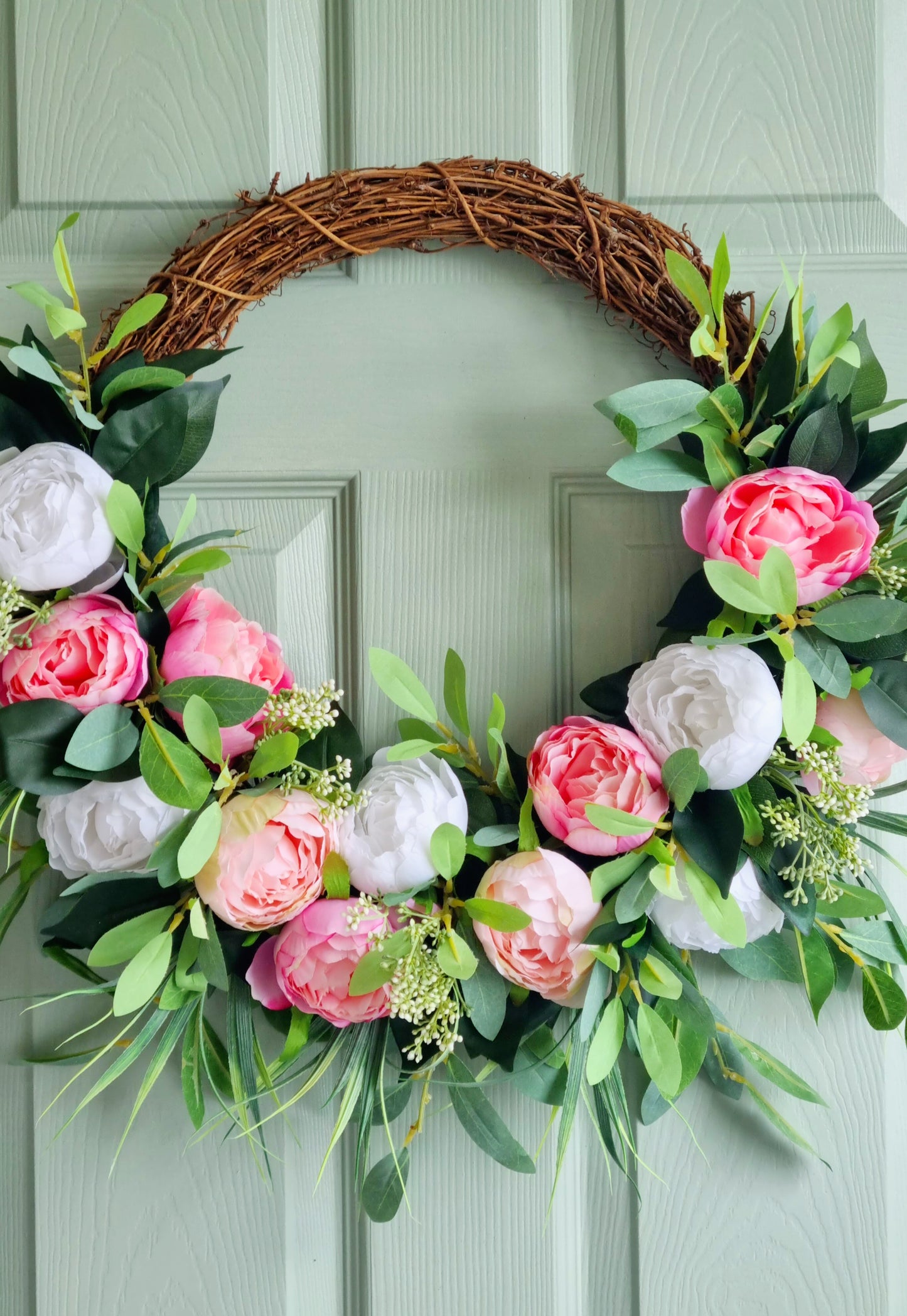 Luxury artificial half white and pink peony front door wreath