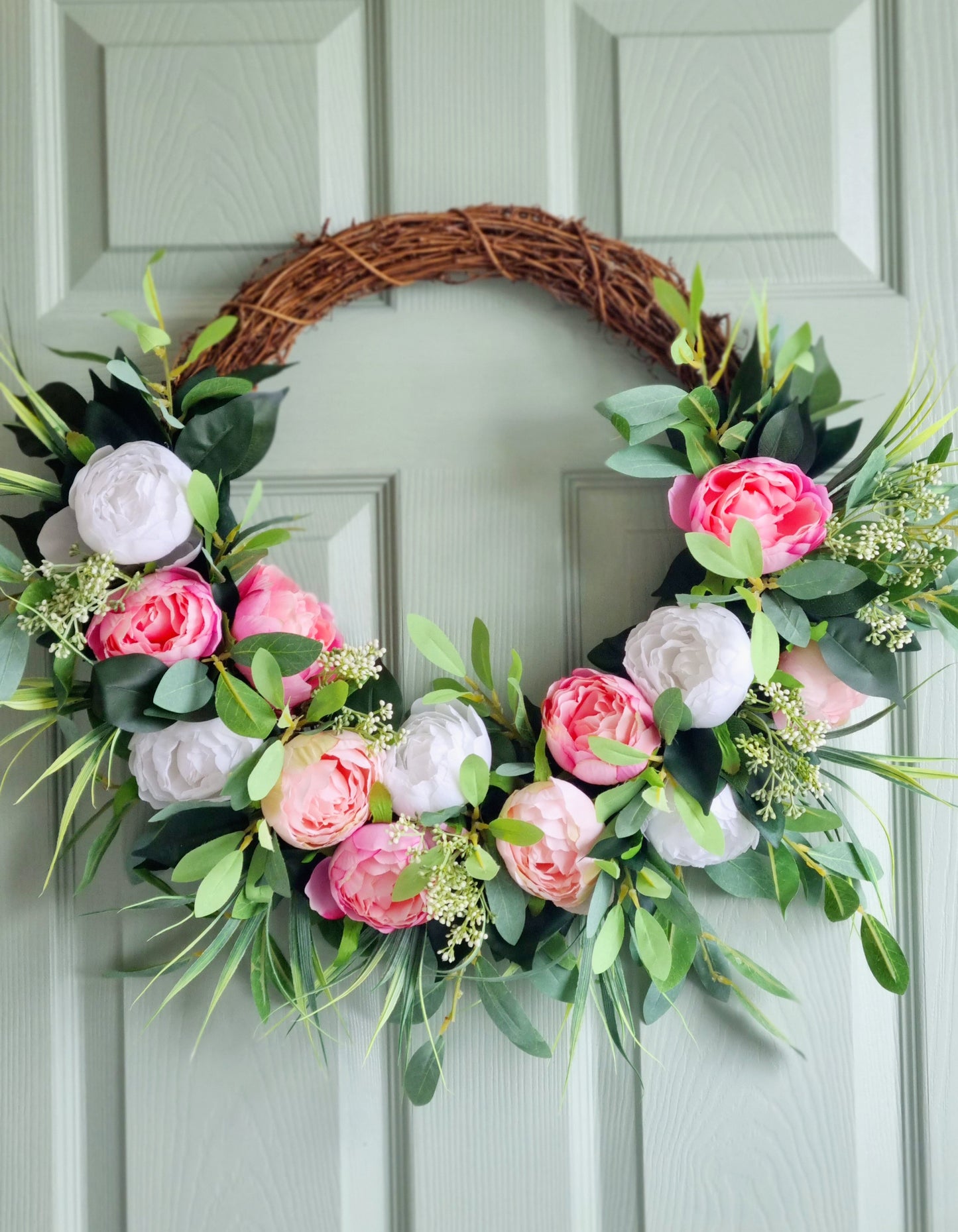 Luxury artificial half white and pink peony front door wreath