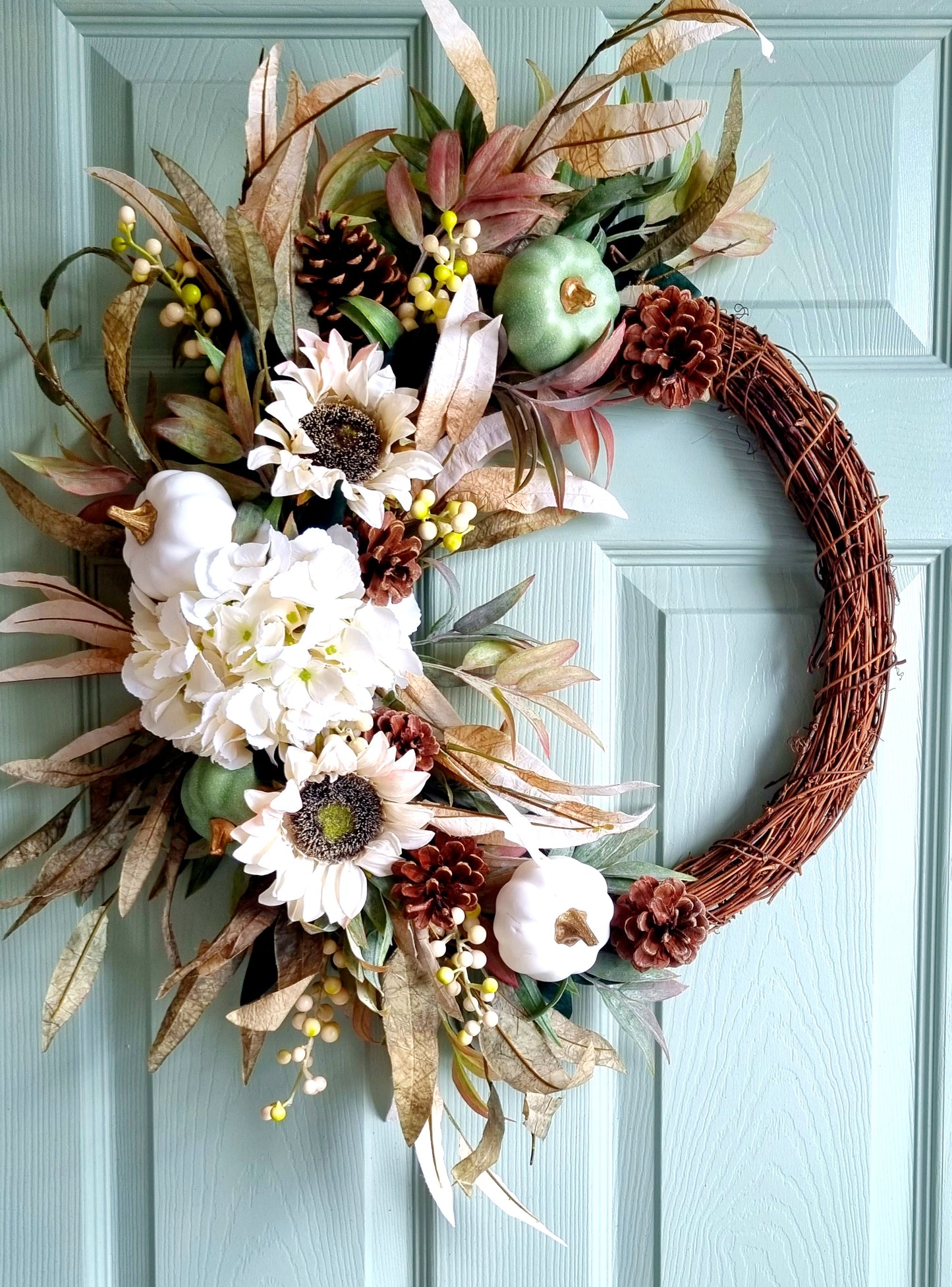 Autumn and fall hydrangea and pumpkin half front door wreath