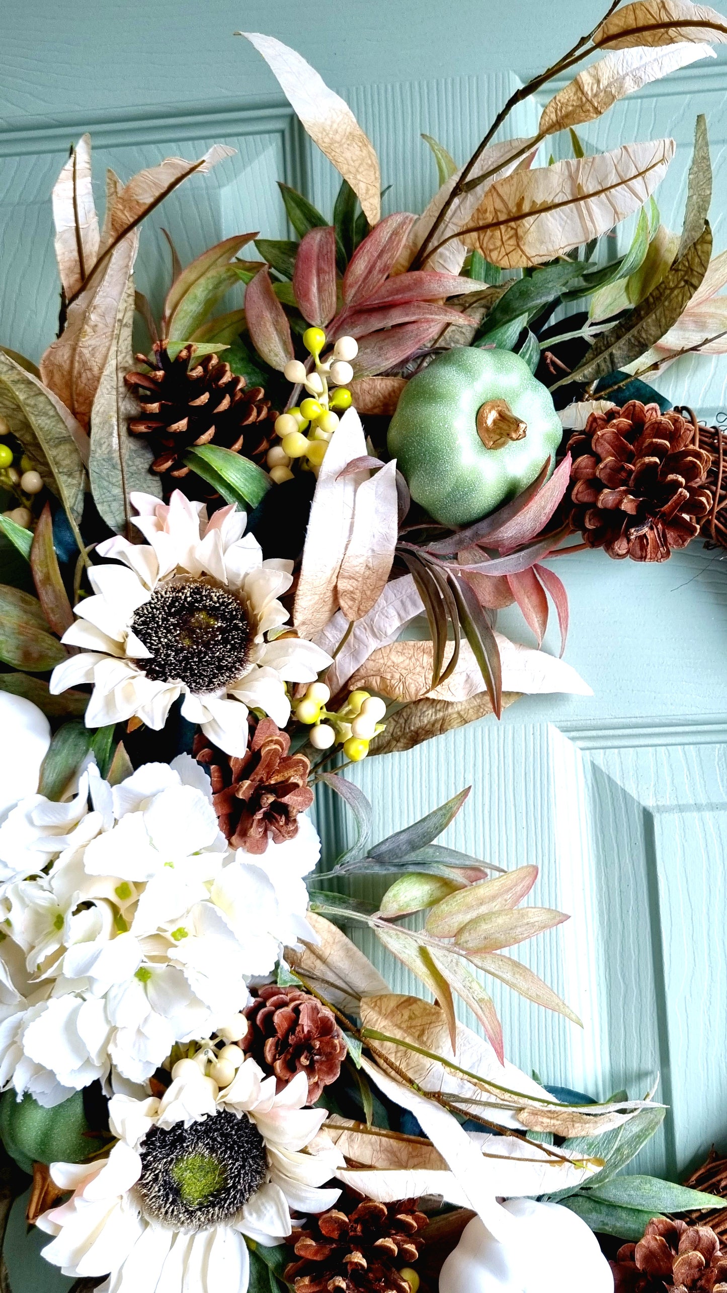 Autumn and fall hydrangea and pumpkin half front door wreath