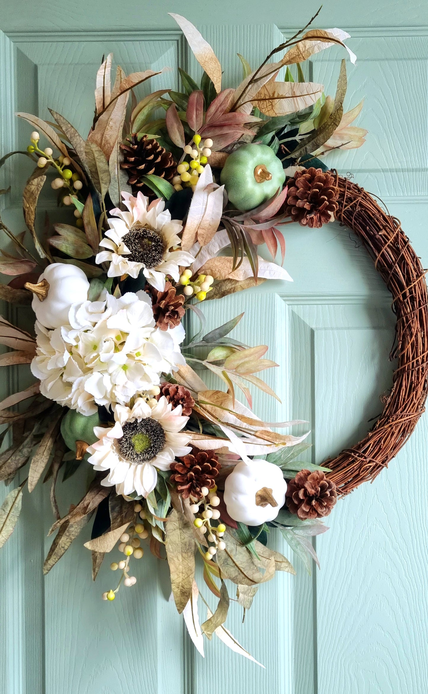 Autumn and fall hydrangea and pumpkin half front door wreath