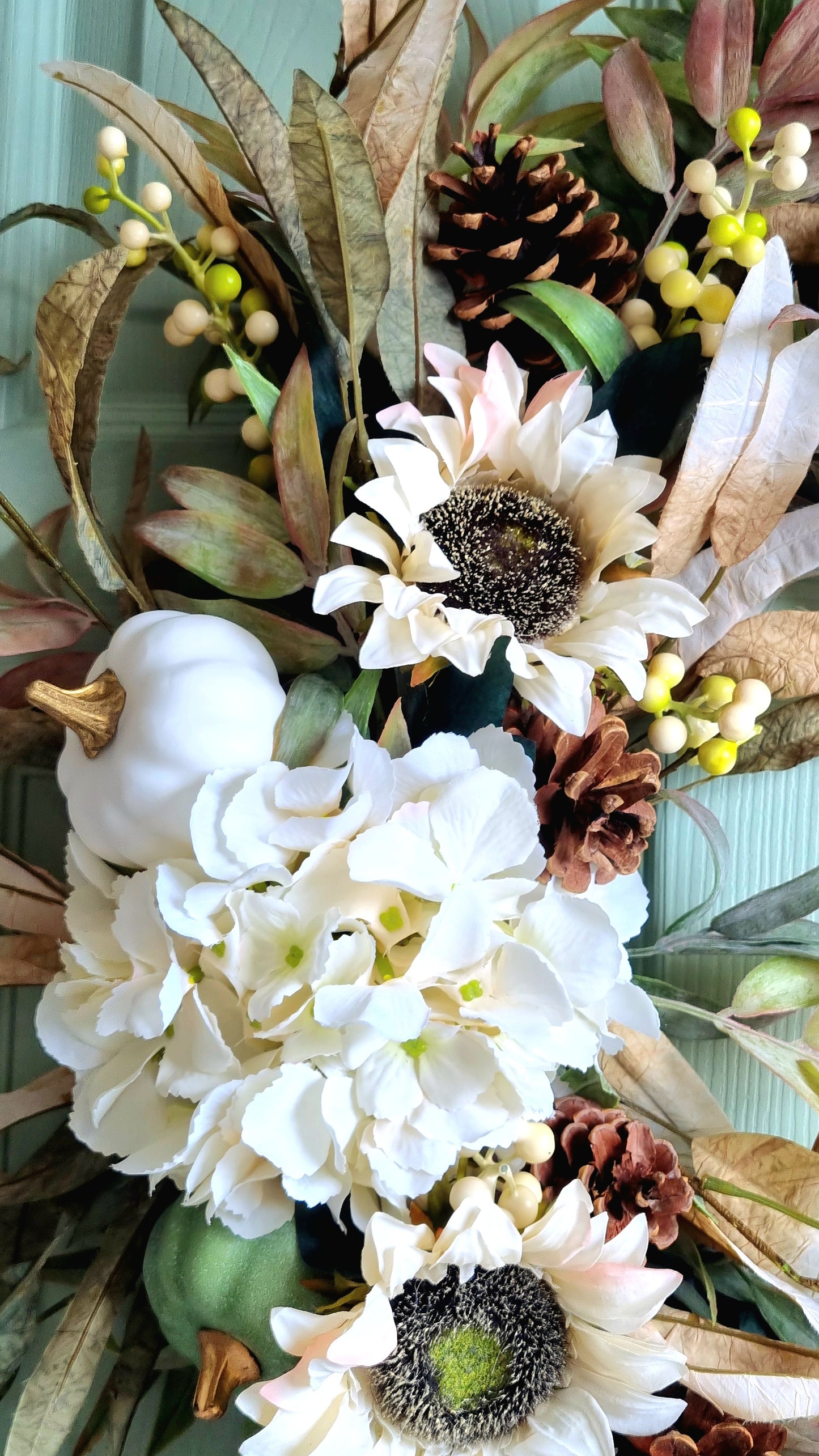 Autumn and fall hydrangea and pumpkin half front door wreath