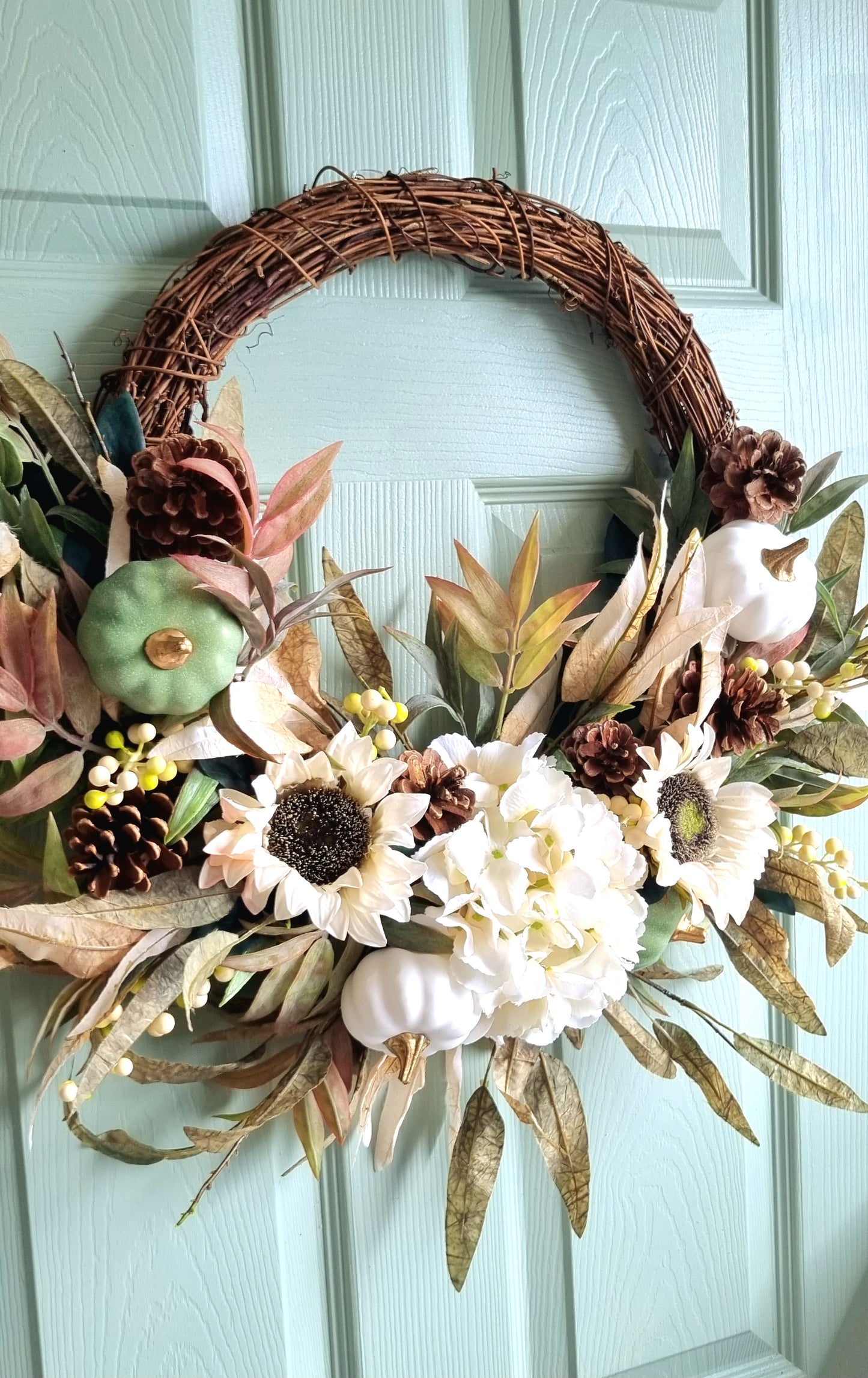 Autumn and fall hydrangea and pumpkin half front door wreath