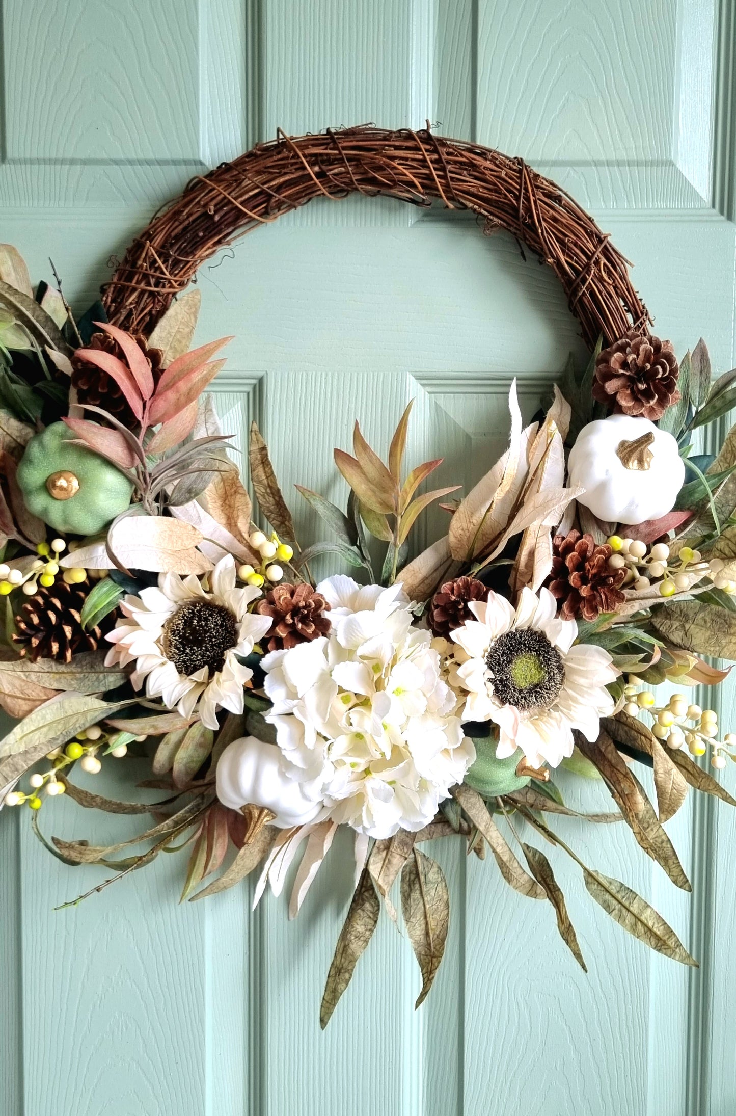 Autumn and fall hydrangea and pumpkin half front door wreath