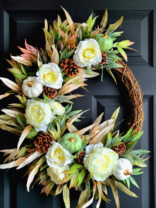 Luxury Autumn white rose and peony front door wreath