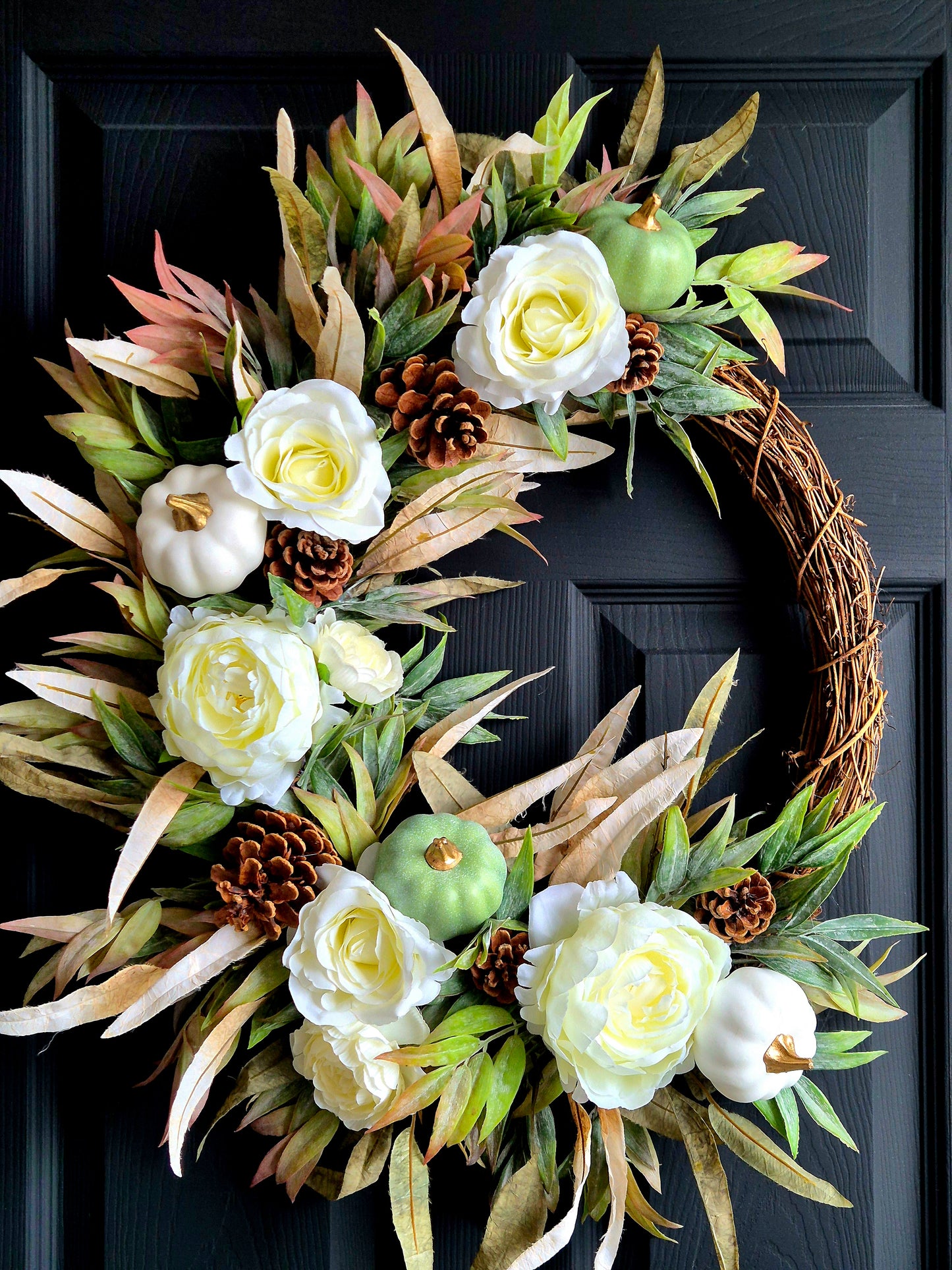 Luxury Autumn white rose and peony front door wreath