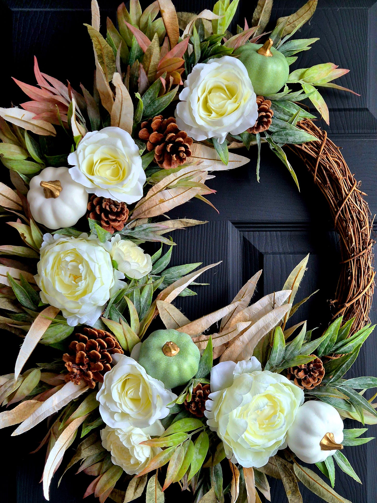 Luxury Autumn white rose and peony front door wreath