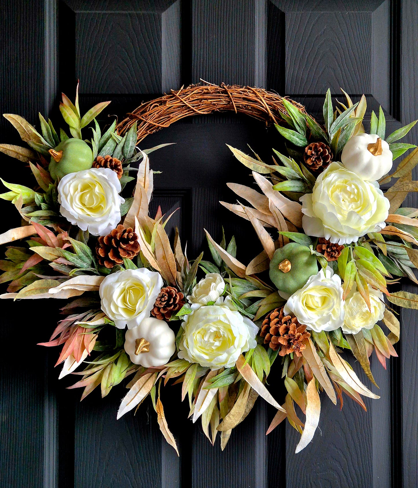 Luxury Autumn white rose and peony front door wreath